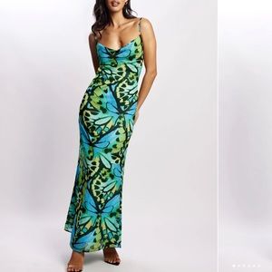 NEW w tag Meshki Metamorphosis cowl neck butterfly open back maxi blue dress XS